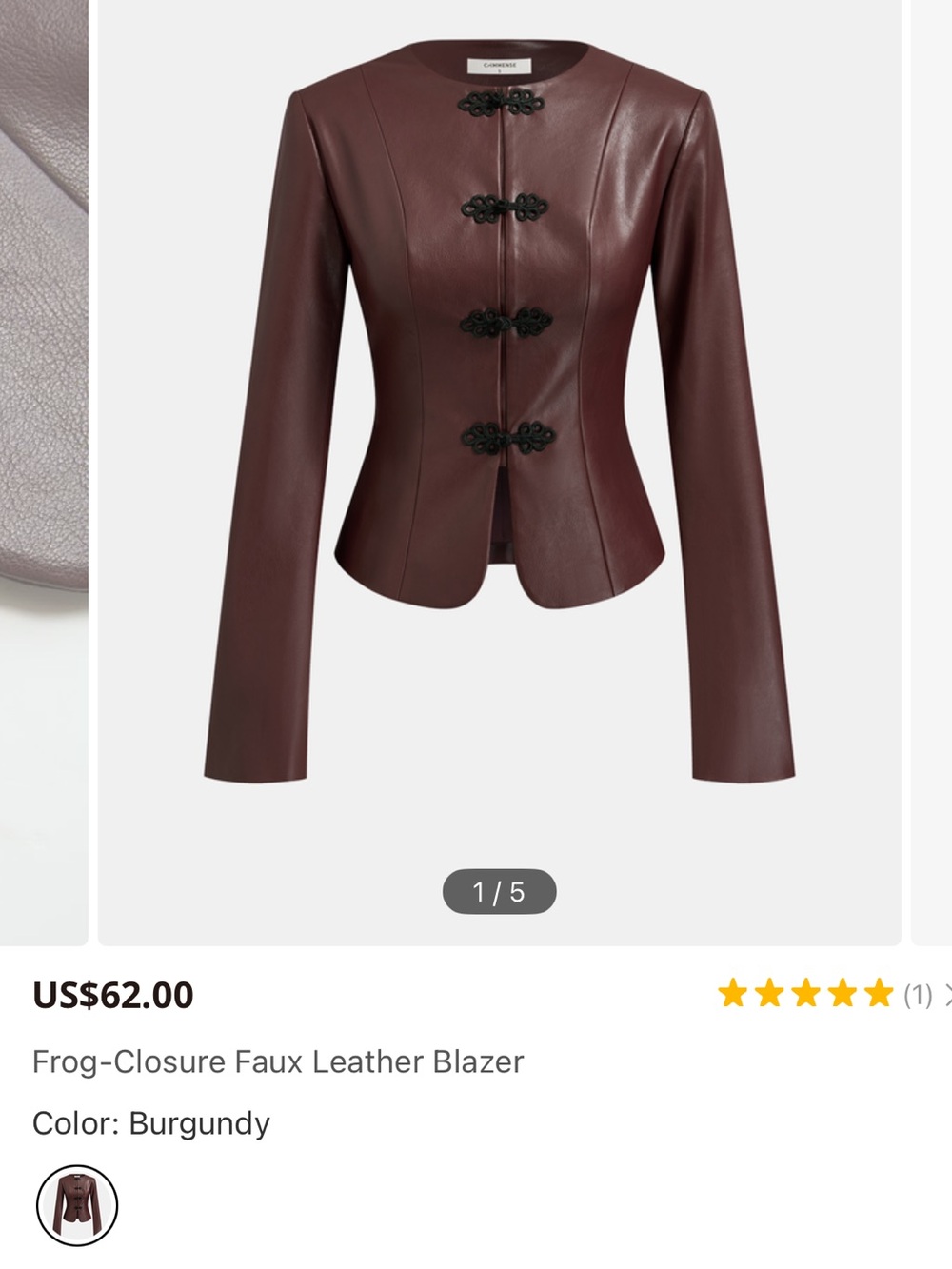 Commense Burgundy Faux Leather Blazer with Frog Closures
